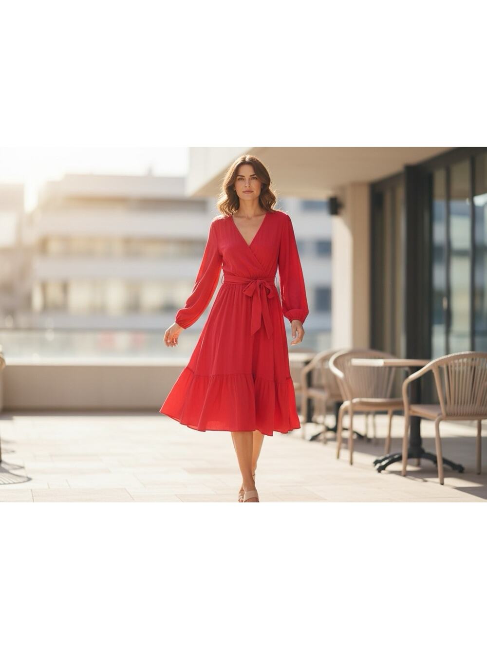 Women’s Red Long Sleeve Wrap Midi Dress Tie Waist Flowy Size Large New With Tags